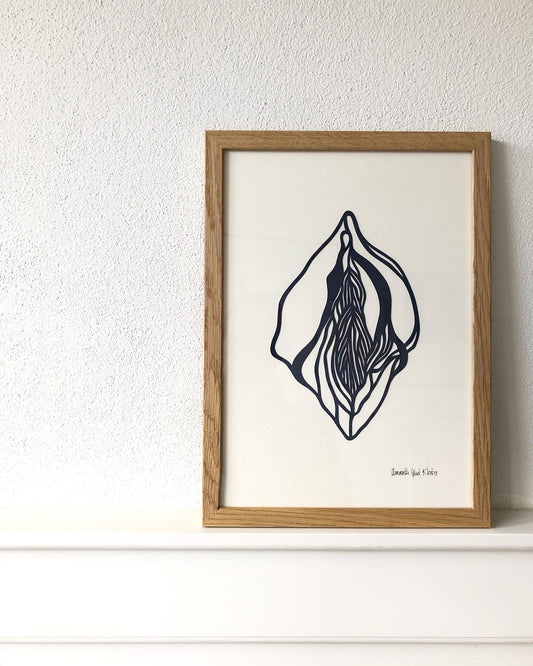 Marineblå vulva på knækket hvid baggrund, A4